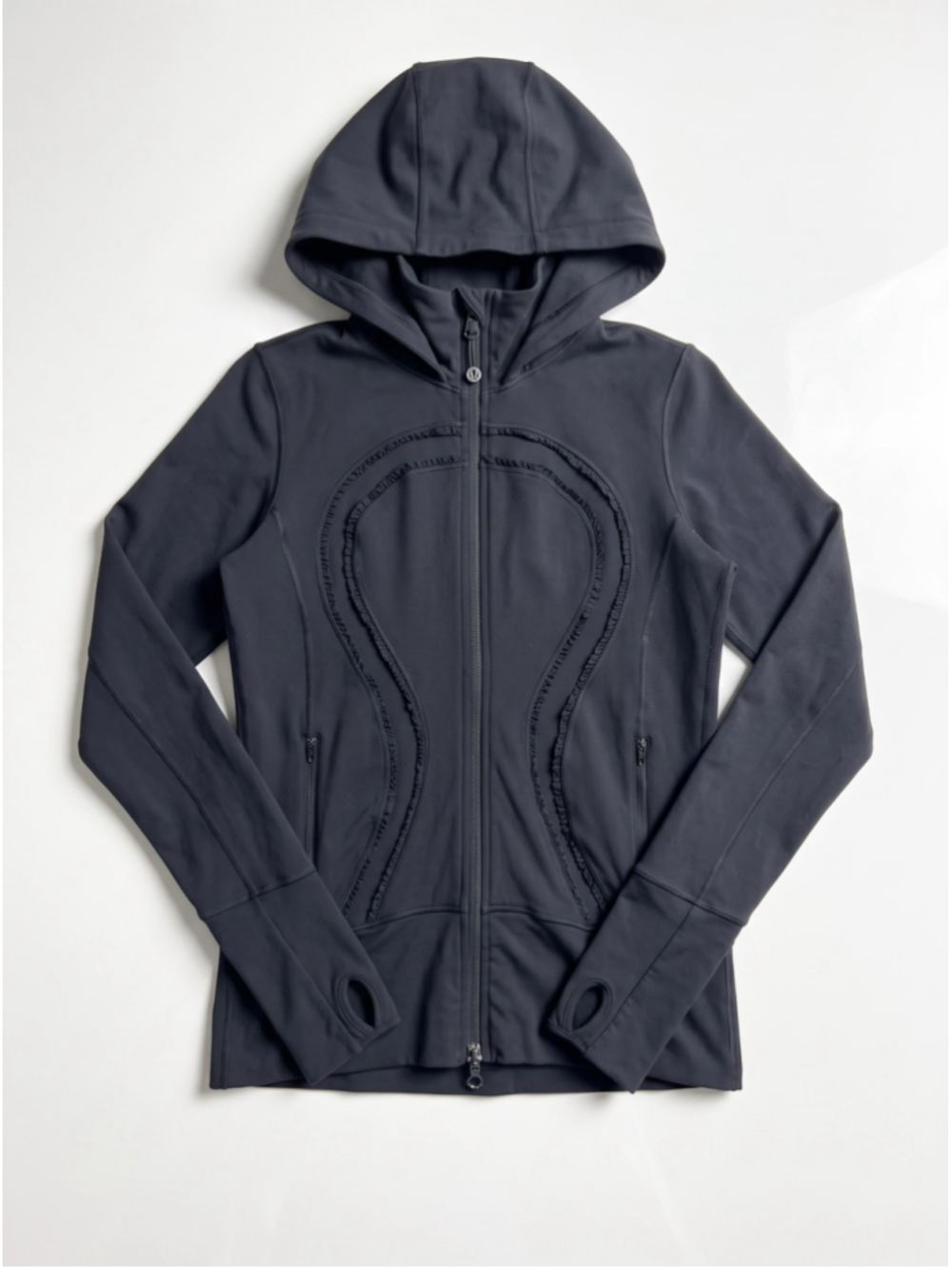 LULULEMON In Stride Black Jacket Hoodie Ruffle Full Zip Running Yoga, Sz 8